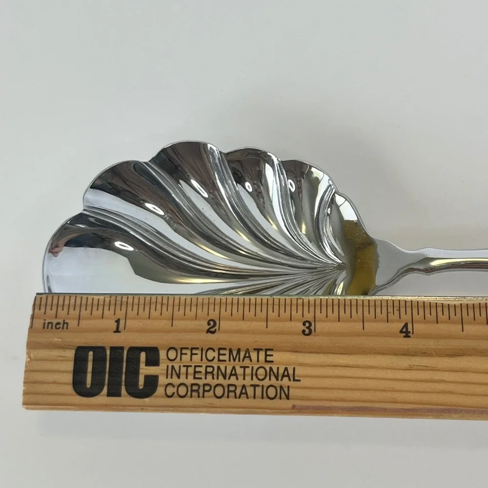 A E Lewis Co Shell Serving Spoon Porcelain Floral Handle Silver Tone Vintage